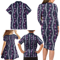 Pikake Maile Tiare Lei Family Matching Long Sleeve Bodycon Dress and Hawaiian Shirt Poni Lauhala Pattern LT01 Mom's Dress Purple - Polynesian Pride