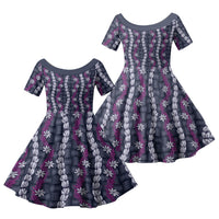 Pikake Maile Tiare Lei Family Matching Off Shoulder Maxi Dress and Hawaiian Shirt Poni Lauhala Pattern LT01 Daughter's Dress Purple - Polynesian Pride