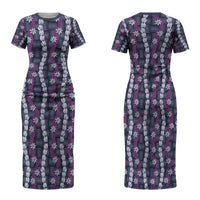 Pikake Maile Tiare Lei Family Matching Short Sleeve Bodycon Dress and Hawaiian Shirt Poni Lauhala Pattern LT01 Mom's Dress Purple - Polynesian Pride