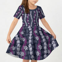 Pikake Maile Tiare Lei Kid Short Sleeve Dress Poni Lauhala Pattern LT01 KID Purple - Polynesian Pride