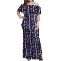 Pikake Maile Tiare Lei Off Shoulder Maxi Dress Poni Lauhala Pattern