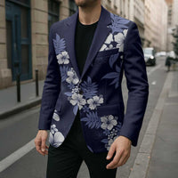 Hawaiian Hibiscus Tribal Floral Blue Blazer Polynesian Tapa Pattern - Polynesian Pride