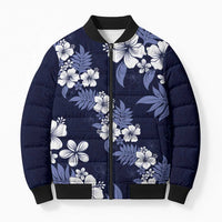Hawaiian Hibiscus Tribal Floral Blue Bomber Puffer Jacket Polynesian Tapa Pattern - Polynesian Pride