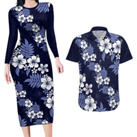 Hawaiian Hibiscus Tribal Floral Blue Couples Matching Long Sleeve Bodycon Dress and Hawaiian Shirt Polynesian Tapa Pattern - Polynesian Pride
