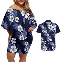 Hawaiian Hibiscus Tribal Floral Blue Couples Matching Off Shoulder Short Dress and Hawaiian Shirt Polynesian Tapa Pattern - Polynesian Pride