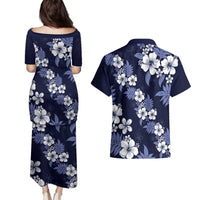 Hawaiian Hibiscus Tribal Floral Blue Couples Matching Puletasi and Hawaiian Shirt Polynesian Tapa Pattern - Polynesian Pride