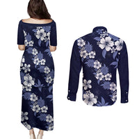 Hawaiian Hibiscus Tribal Floral Blue Couples Matching Puletasi and Long Sleeve Button Shirt Polynesian Tapa Pattern - Polynesian Pride