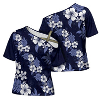 Hawaiian Hibiscus Tribal Floral Blue Cross Shoulder Shirt Polynesian Tapa Pattern - Polynesian Pride