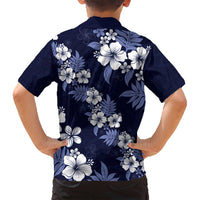 Hawaiian Hibiscus Tribal Floral Blue Family Matching Long Sleeve Bodycon Dress and Hawaiian Shirt Polynesian Tapa Pattern - Polynesian Pride