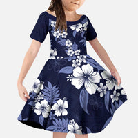 Hawaiian Hibiscus Tribal Floral Blue Family Matching Long Sleeve Bodycon Dress and Hawaiian Shirt Polynesian Tapa Pattern - Polynesian Pride
