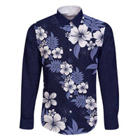 Hawaiian Hibiscus Tribal Floral Blue Family Matching Long Sleeve Bodycon Dress and Hawaiian Shirt Polynesian Tapa Pattern - Polynesian Pride
