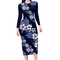Hawaiian Hibiscus Tribal Floral Blue Family Matching Long Sleeve Bodycon Dress and Hawaiian Shirt Polynesian Tapa Pattern - Polynesian Pride