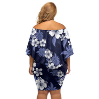 Hawaiian Hibiscus Tribal Floral Blue Family Matching Off Shoulder Short Dress and Hawaiian Shirt Polynesian Tapa Pattern - Polynesian Pride