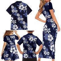 Hawaiian Hibiscus Tribal Floral Blue Family Matching Short Sleeve Bodycon Dress and Hawaiian Shirt Polynesian Tapa Pattern - Polynesian Pride
