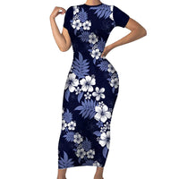 Hawaiian Hibiscus Tribal Floral Blue Family Matching Short Sleeve Bodycon Dress and Hawaiian Shirt Polynesian Tapa Pattern - Polynesian Pride