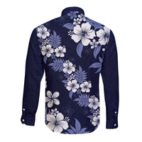 Hawaiian Hibiscus Tribal Floral Blue Long Sleeve Button Shirt Polynesian Tapa Pattern - Polynesian Pride