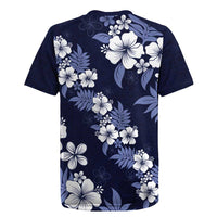 Hawaiian Hibiscus Tribal Floral Blue Rugby Jersey Polynesian Tapa Pattern - Polynesian Pride