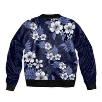 Hawaiian Hibiscus Tribal Floral Blue Sleeve Zip Bomber Jacket Polynesian Tapa Pattern - Polynesian Pride
