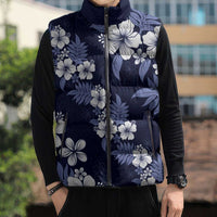 Hawaiian Hibiscus Tribal Floral Blue Sleeveless Puffer Jacket Polynesian Tapa Pattern - Polynesian Pride