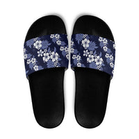 Hawaiian Hibiscus Tribal Floral Blue Slide Sandals Polynesian Tapa Pattern - Polynesian Pride