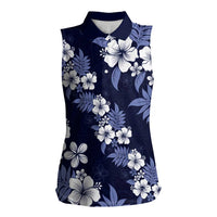 Hawaiian Hibiscus Tribal Floral Blue Women Sleeveless Polo Shirt Polynesian Tapa Pattern - Polynesian Pride