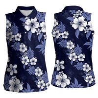 Hawaiian Hibiscus Tribal Floral Blue Women Sleeveless Polo Shirt Polynesian Tapa Pattern - Polynesian Pride