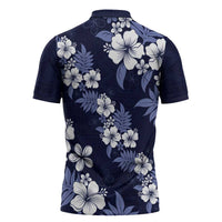Hawaiian Hibiscus Tribal Floral Blue Zipper Polo Shirt Polynesian Tapa Pattern - Polynesian Pride