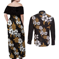 Hawaiian Hibiscus Tribal Floral Brown Couples Matching Off Shoulder Maxi Dress and Long Sleeve Button Shirt Polynesian Tapa Pattern - Polynesian Pride