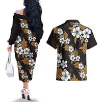 Hawaiian Hibiscus Tribal Floral Brown Couples Matching Off The Shoulder Long Sleeve Dress and Hawaiian Shirt Polynesian Tapa Pattern - Polynesian Pride