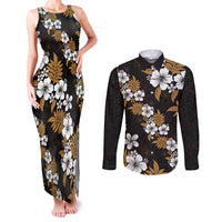 Hawaiian Hibiscus Tribal Floral Brown Couples Matching Tank Maxi Dress and Long Sleeve Button Shirt Polynesian Tapa Pattern - Polynesian Pride