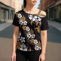 Hawaiian Hibiscus Tribal Floral Brown Cross Shoulder Shirt Polynesian Tapa Pattern - Polynesian Pride