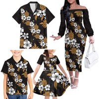 Hawaiian Hibiscus Tribal Floral Brown Family Matching Off The Shoulder Long Sleeve Dress and Hawaiian Shirt Polynesian Tapa Pattern - Polynesian Pride