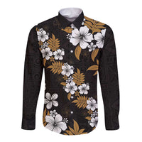 Hawaiian Hibiscus Tribal Floral Brown Long Sleeve Button Shirt Polynesian Tapa Pattern - Polynesian Pride