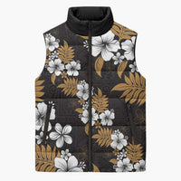 Hawaiian Hibiscus Tribal Floral Brown Sleeveless Puffer Jacket Polynesian Tapa Pattern - Polynesian Pride
