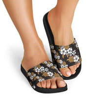 Hawaiian Hibiscus Tribal Floral Brown Slide Sandals Polynesian Tapa Pattern - Polynesian Pride