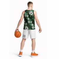 Hawaiian Hibiscus Tribal Floral Green Basketball Jersey Polynesian Tapa Pattern - Polynesian Pride