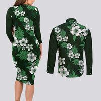 Hawaiian Hibiscus Tribal Floral Green Couples Matching Long Sleeve Bodycon Dress and Long Sleeve Button Shirt Polynesian Tapa Pattern - Polynesian Pride