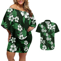 Hawaiian Hibiscus Tribal Floral Green Couples Matching Off Shoulder Short Dress and Hawaiian Shirt Polynesian Tapa Pattern - Polynesian Pride