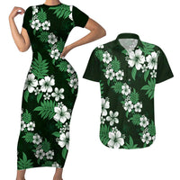 Hawaiian Hibiscus Tribal Floral Green Couples Matching Short Sleeve Bodycon Dress and Hawaiian Shirt Polynesian Tapa Pattern - Polynesian Pride
