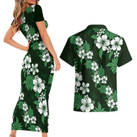 Hawaiian Hibiscus Tribal Floral Green Couples Matching Short Sleeve Bodycon Dress and Hawaiian Shirt Polynesian Tapa Pattern - Polynesian Pride