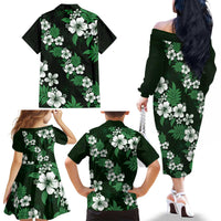 Hawaiian Hibiscus Tribal Floral Green Family Matching Off The Shoulder Long Sleeve Dress and Hawaiian Shirt Polynesian Tapa Pattern - Polynesian Pride