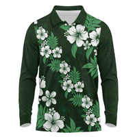 Hawaiian Hibiscus Tribal Floral Green Long Sleeve Polo Shirt Polynesian Tapa Pattern - Polynesian Pride