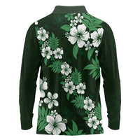Hawaiian Hibiscus Tribal Floral Green Long Sleeve Polo Shirt Polynesian Tapa Pattern - Polynesian Pride