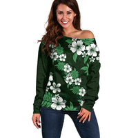 Hawaiian Hibiscus Tribal Floral Green Off Shoulder Sweater Polynesian Tapa Pattern - Polynesian Pride