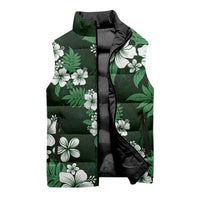 Hawaiian Hibiscus Tribal Floral Green Sleeveless Puffer Jacket Polynesian Tapa Pattern - Polynesian Pride