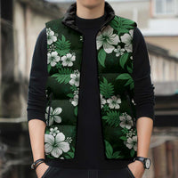 Hawaiian Hibiscus Tribal Floral Green Sleeveless Puffer Jacket Polynesian Tapa Pattern - Polynesian Pride