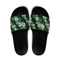 Hawaiian Hibiscus Tribal Floral Green Slide Sandals Polynesian Tapa Pattern - Polynesian Pride