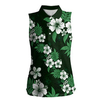 Hawaiian Hibiscus Tribal Floral Green Women Sleeveless Polo Shirt Polynesian Tapa Pattern - Polynesian Pride