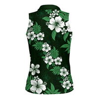 Hawaiian Hibiscus Tribal Floral Green Women Sleeveless Polo Shirt Polynesian Tapa Pattern - Polynesian Pride
