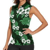 Hawaiian Hibiscus Tribal Floral Green Women Sleeveless Polo Shirt Polynesian Tapa Pattern - Polynesian Pride
